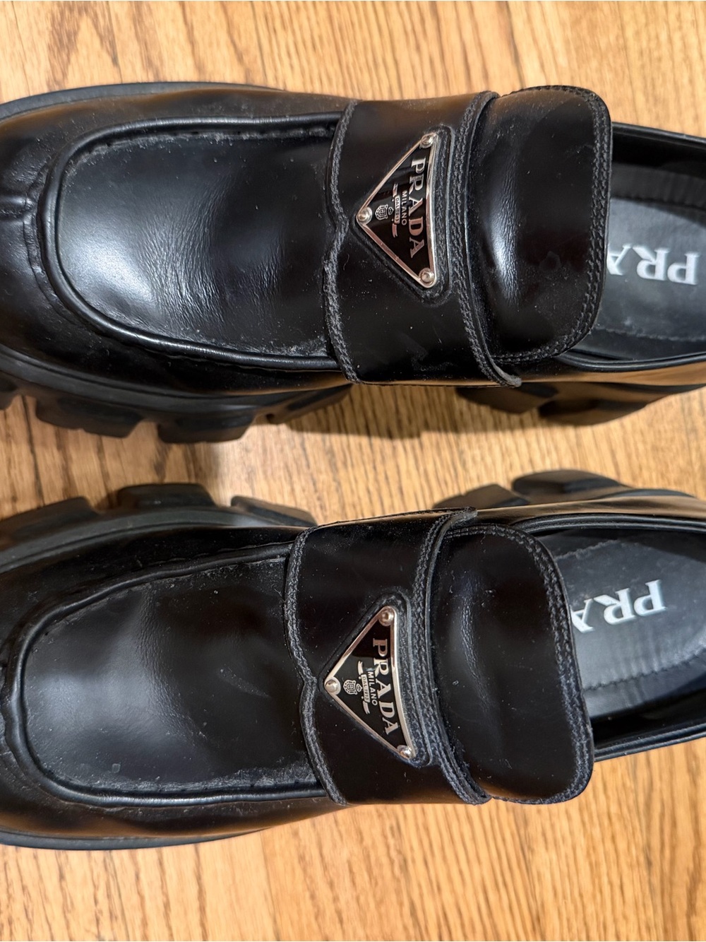 Prada Black Leather Lug Shoes with logo